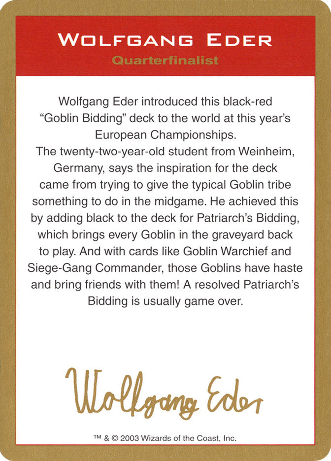 Wolfgang Eder Bio [World Championship Decks 2003] | Impulse Games and Hobbies