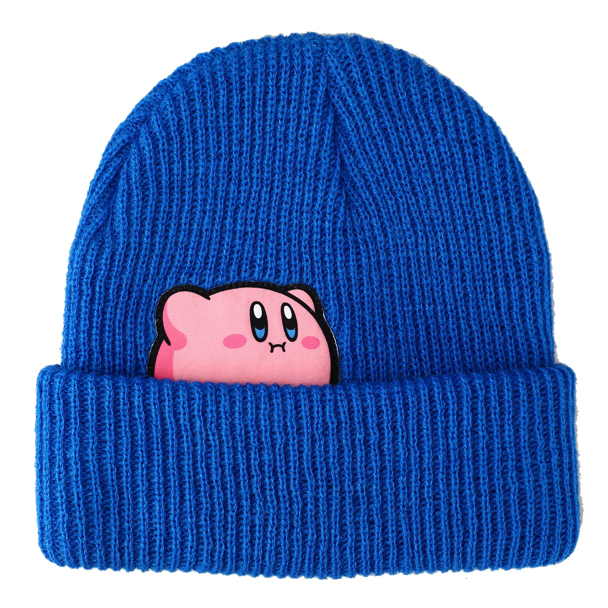 KIRBY - Kirby with Snacks Peekaboo Woven Label on Blue Acrylic Knit | Impulse Games and Hobbies