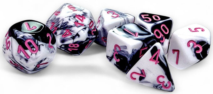 CHESSEX GEMINI 7-DIE SET BLACK-WHITE/PINK | Impulse Games and Hobbies