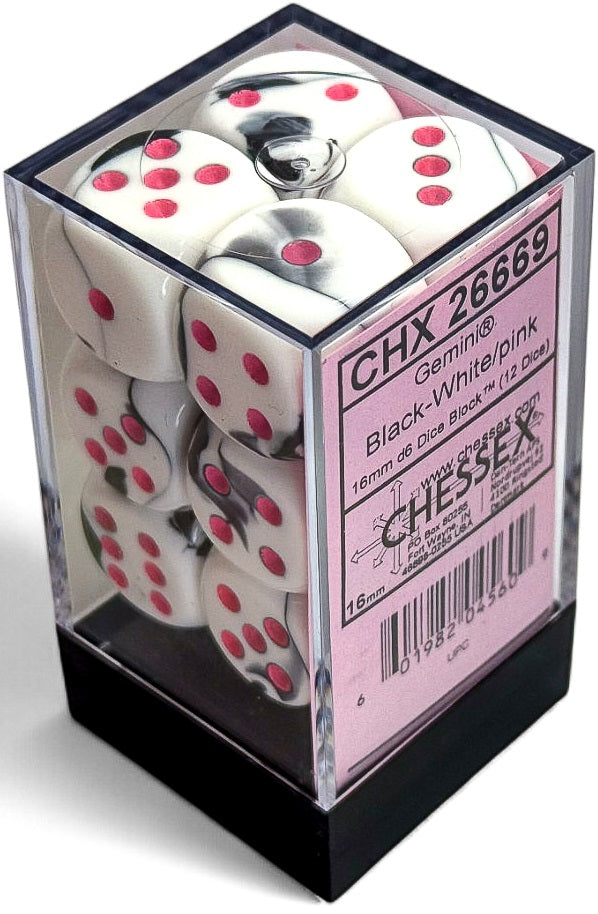 CHESSEX GEMINI 12D6 BLACK-WHITE/PINK 16MM | Impulse Games and Hobbies