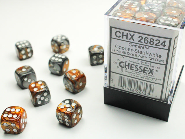 CHESSEX 36D6 Gemini COPPER-STEEL/WHITE 12MM | Impulse Games and Hobbies