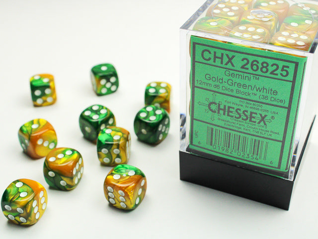 CHESSEX 36D6 Gemini GOLD-GREEN/WHITE 12MM | Impulse Games and Hobbies