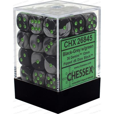 CHESSEX GEMINI 36D6 BLACK-GREY/GREEN 12MM | Impulse Games and Hobbies