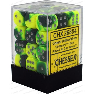 CHESSEX 36D6 Gemini Green-Yellow/Silver 12MM | Impulse Games and Hobbies