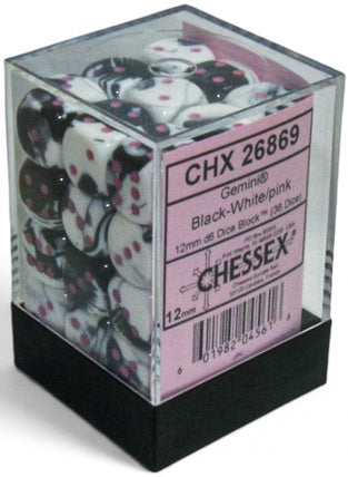 CHESSEX GEMINI 36D6 BLACK-WHITE/PINK 12MM | Impulse Games and Hobbies