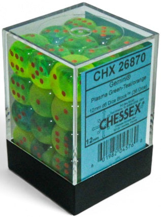 CHESSEX GEMINI 36D6 PLASMA GREEN-TEAL/ORANGE LUMINARY 12MM | Impulse Games and Hobbies