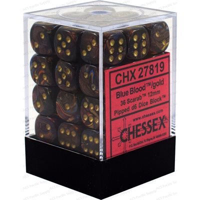 Chessex 36x D6: 12 mm: Scarab: Blue Blood/Gold | Impulse Games and Hobbies