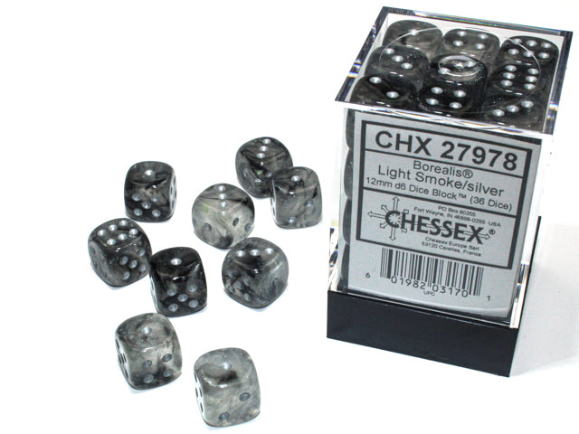 CHESSEX BOREALIS 36D6 LIGHT SMOKE/SILVER 12MM LUMINARY | Impulse Games and Hobbies