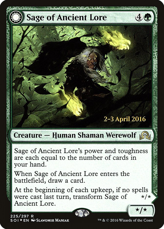 Sage of Ancient Lore // Werewolf of Ancient Hunger [Shadows over Innistrad Prerelease Promos] | Impulse Games and Hobbies