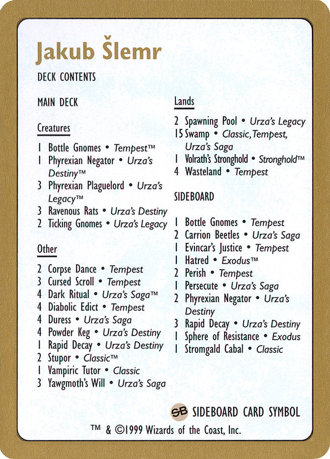 Jakub Šlemr Decklist [World Championship Decks 1999] | Impulse Games and Hobbies